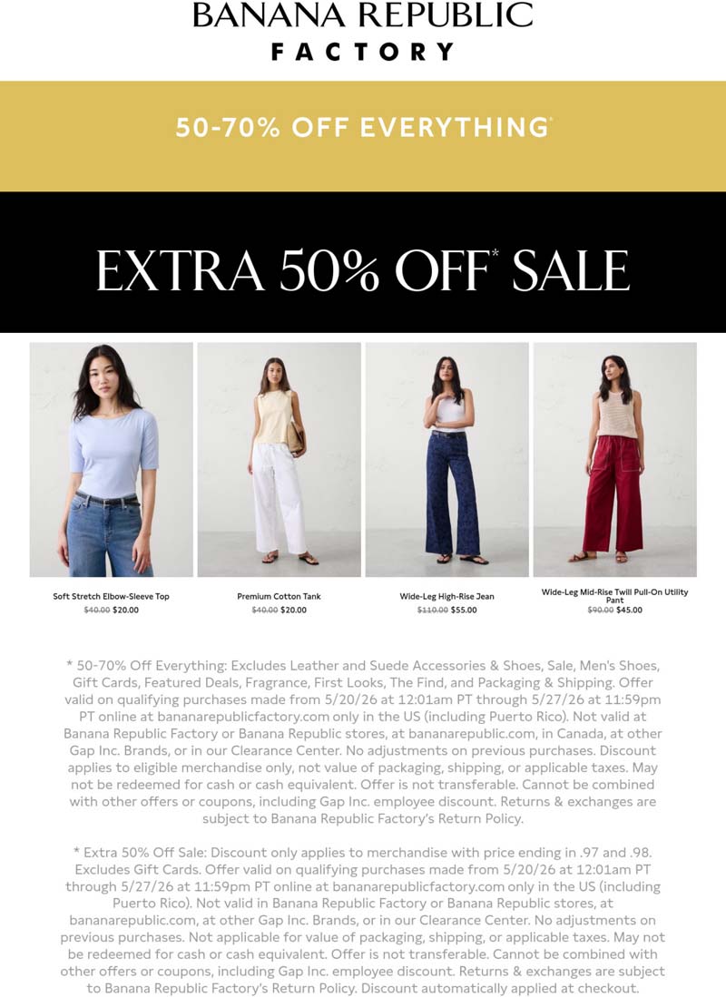 Up to 70% Off Everything Today at Banana Republic Factory