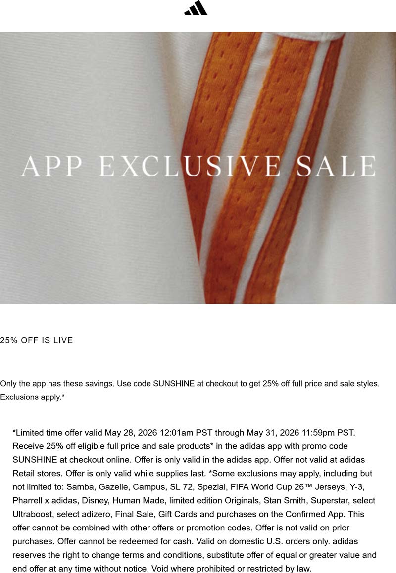 Adidas Apparel & Shoes Up to 25% Off with Promo Code SUNSHINE