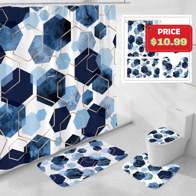 4-Pc Navy Blue Geometric Shower Curtain Set Deal: Save 50%