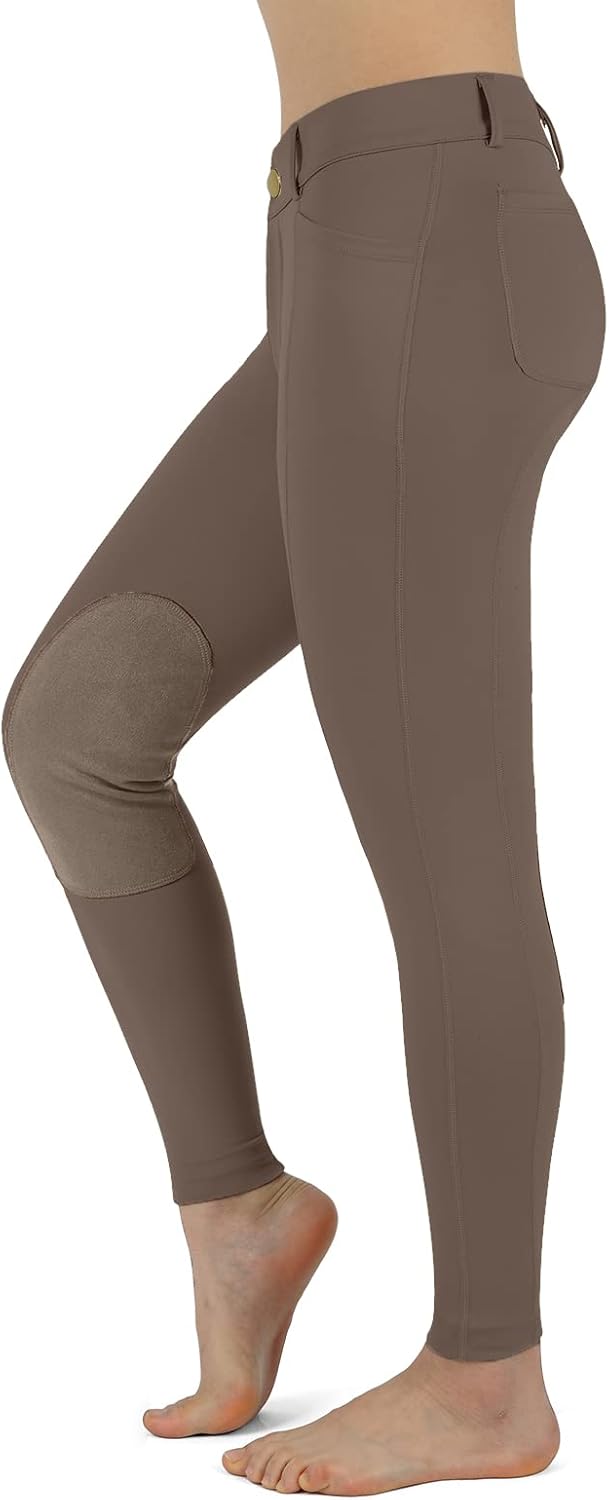 beroy Women Horse Riding Knee-Patch Breeches on Amazon, front-zip design with pockets