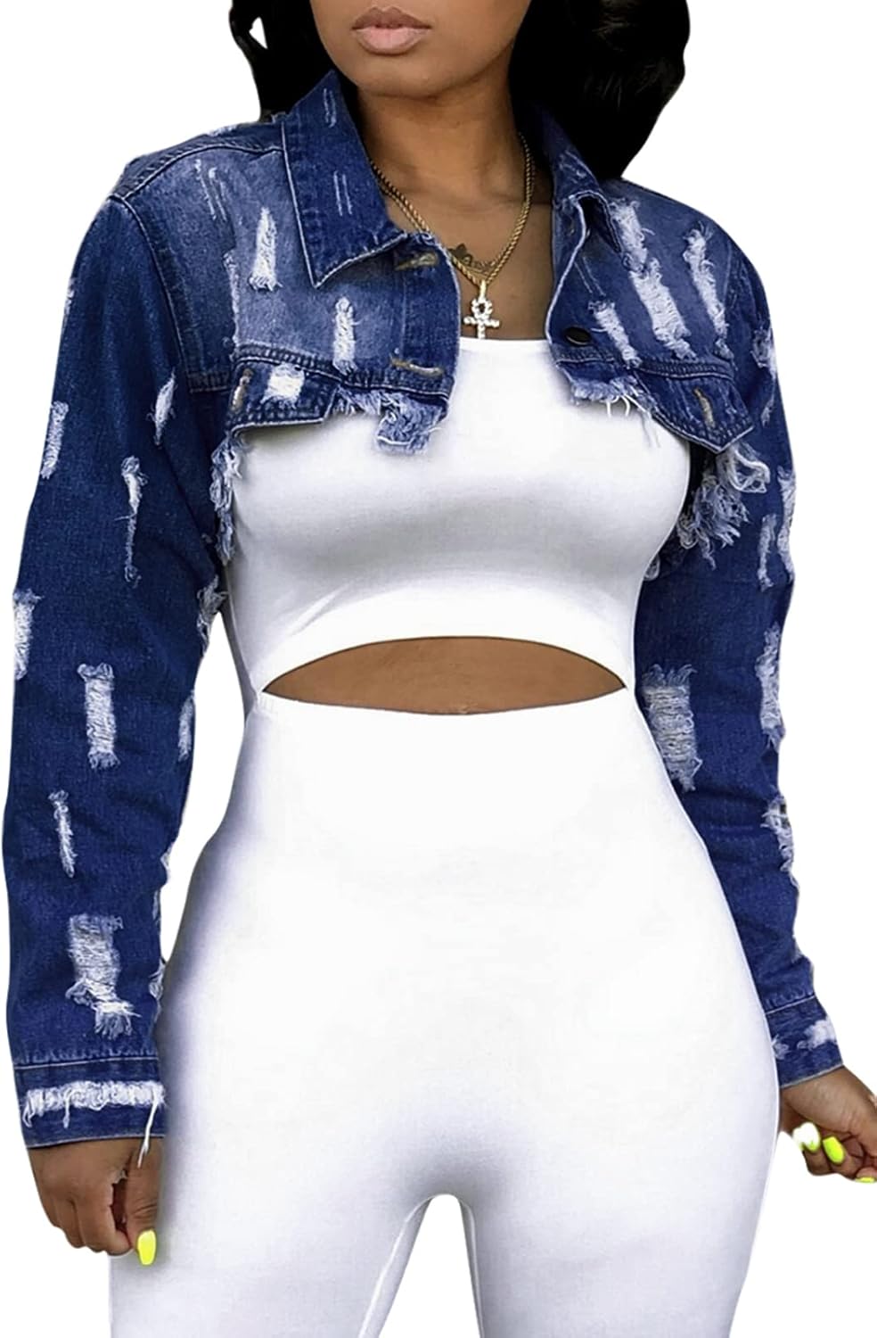 Women's Crop Top Jean Jacket Button Down Long Sleeve Cropped deal at Amazon