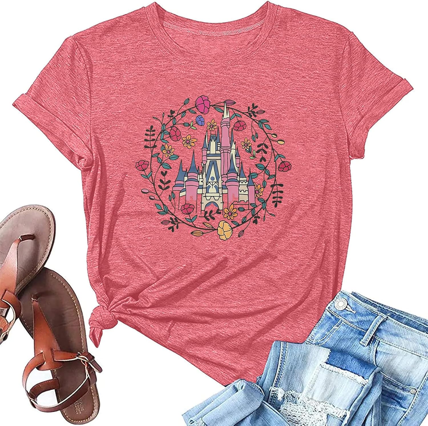 Women's Magic Kingdom T-Shirt with Castle Flower Graphic on Amazon