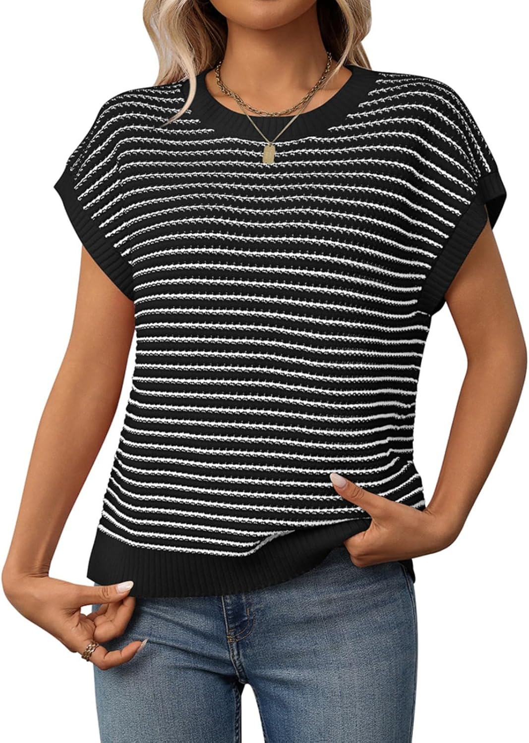 Women's Short Sleeve Striped Knit Sweater Top on Amazon