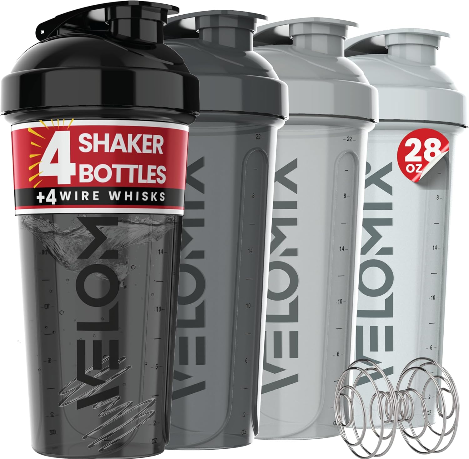 $14.99 VELOMIX 4 Pack 28 oz Protein Shaker Bottles at Amazon deal at Amazon