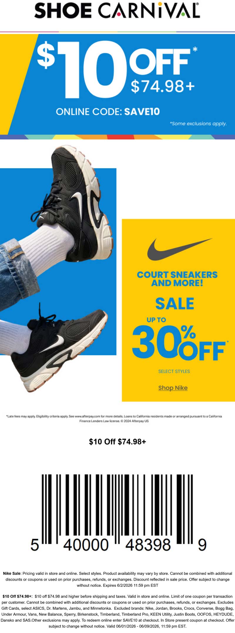 $10 off $75 + 30% off Nike at Shoe Carnival, or online via p deal at Nike