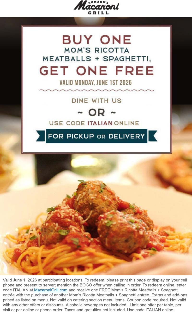 Second Spaghetti Meatballs Entree Free at MAC Cosmetics Today