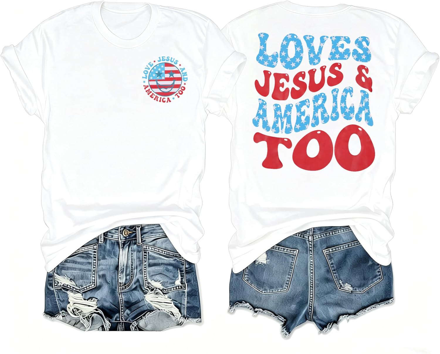 ALLTB 4th of July Shirt Women Loves Jesus and America Too Shirts Patriotic Tshirt Christian Short Sl