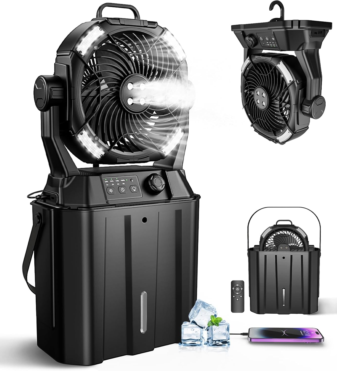 MONISEN Misting Fan for Outside Patios on Amazon with rechargeable battery and remote control