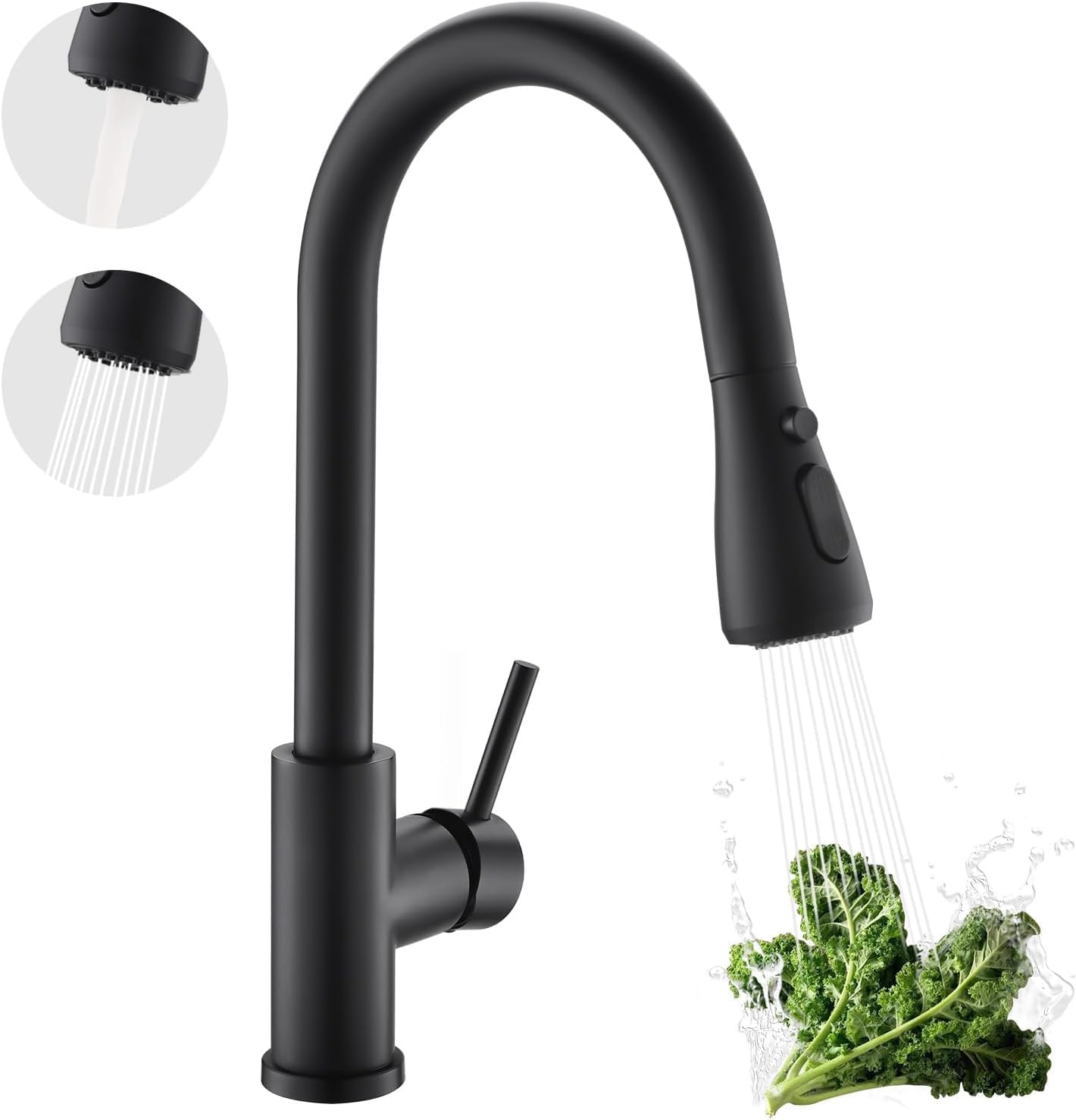 Kicimpro Matte Black Kitchen Faucet on Amazon with pull-down sprayer and stainless steel design