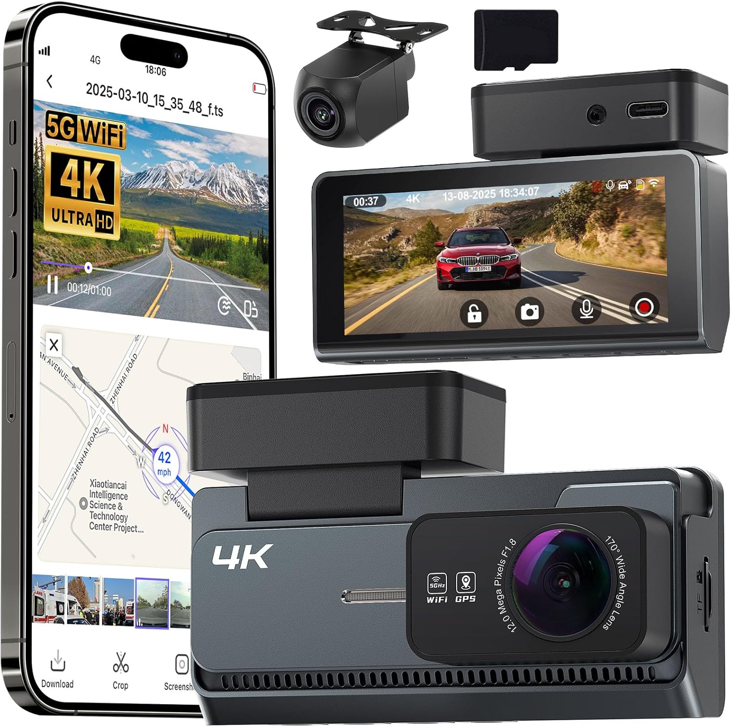 Yonvim 4K+2K Dash Cam Front and Rear, 5G WiFi Only $79.99 at Amazon