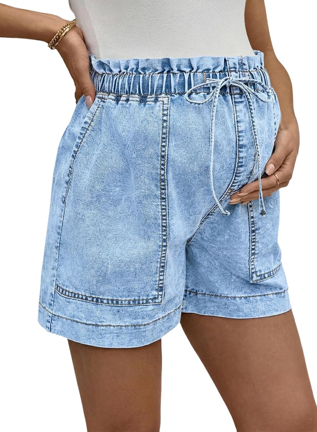 BLENCOT Women Maternity Jeans Shorts High Rise Stretchy Draw deal at Amazon
