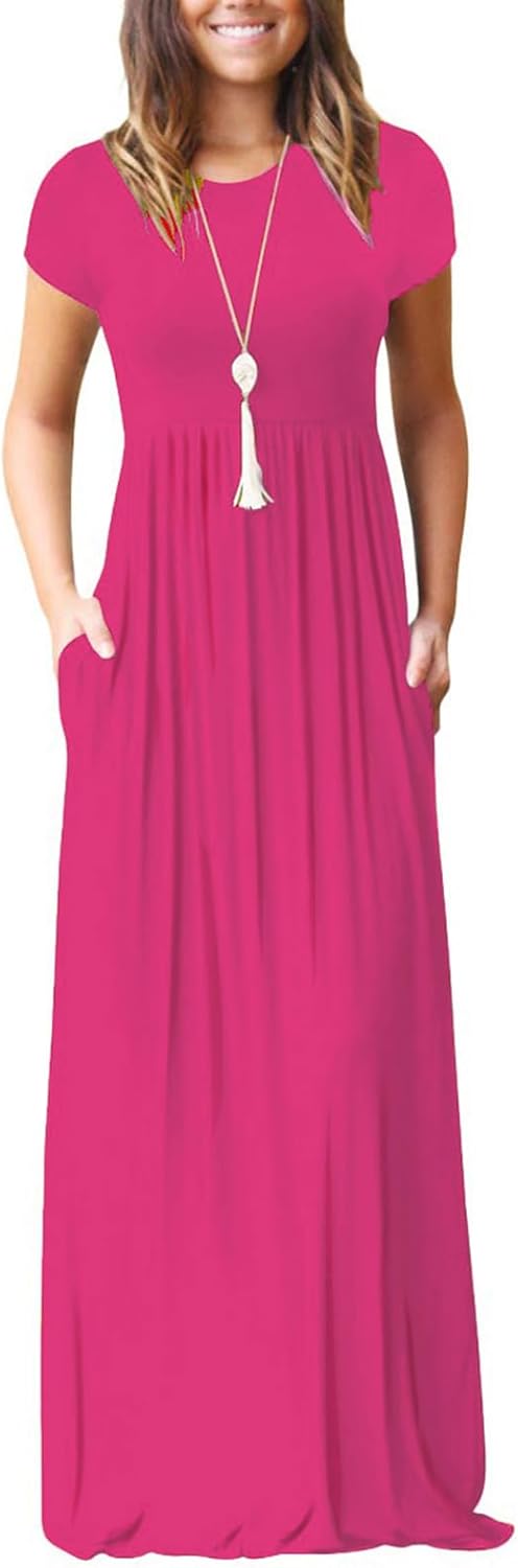 AUOMITH Women Summer Short Sleeve Hot Pink Maxi Dresses A-Li deal at Amazon