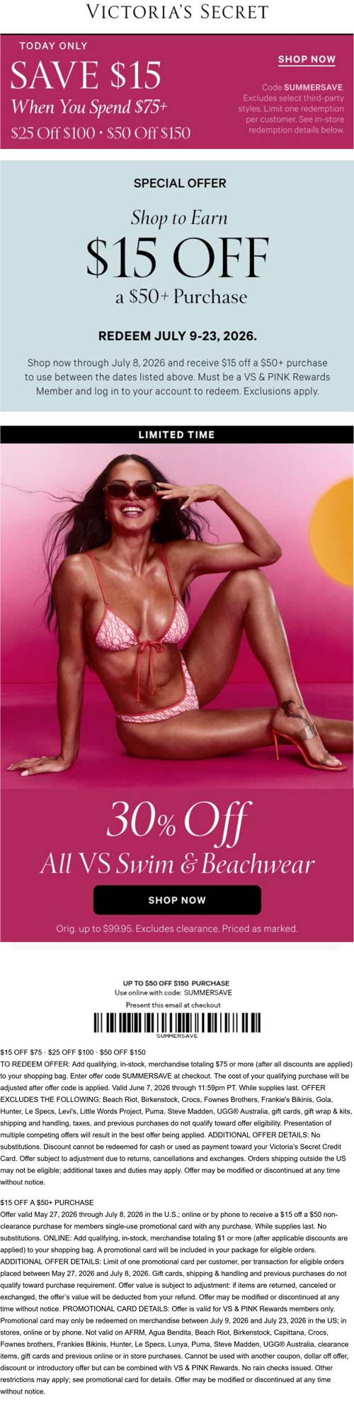 $15-$50 off $75+ today at Victorias Secret via promo code SU deal at Victorias Secret