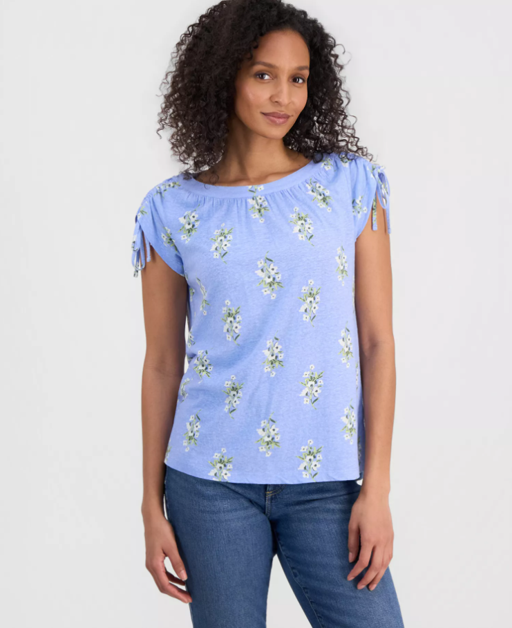 Women’s Floral-Print Boat-Neck Ruched-Sleeve Top Deal at Macy’s: Save 70%