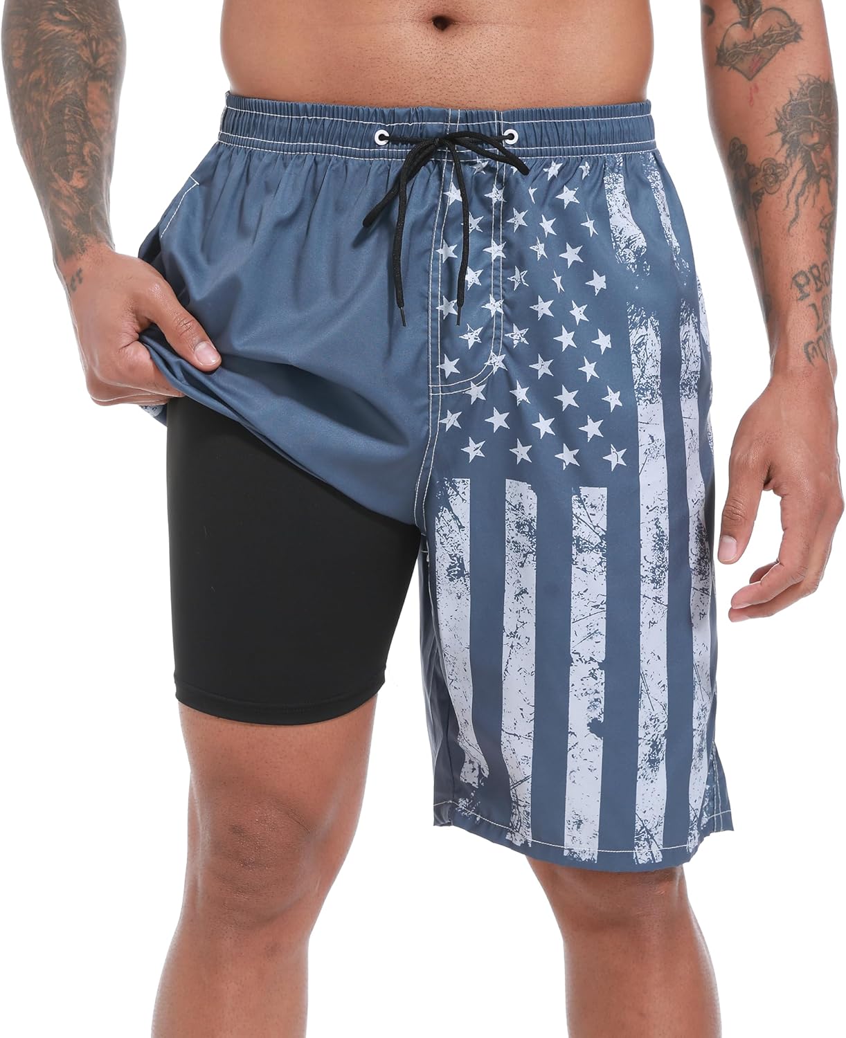 Mens Swim Trunks with Compression Liner, Vintage Navy USA Fl deal at Amazon