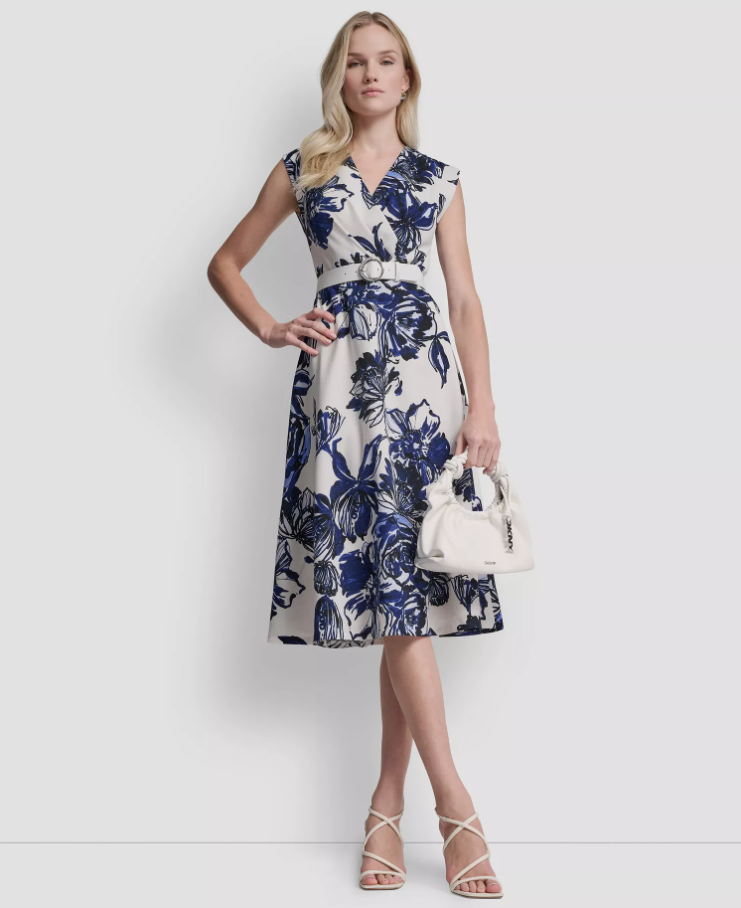 Women’s Cap-Sleeve Surplice Neck Belted Midi Dress Deal at Macy’s: Save 58%