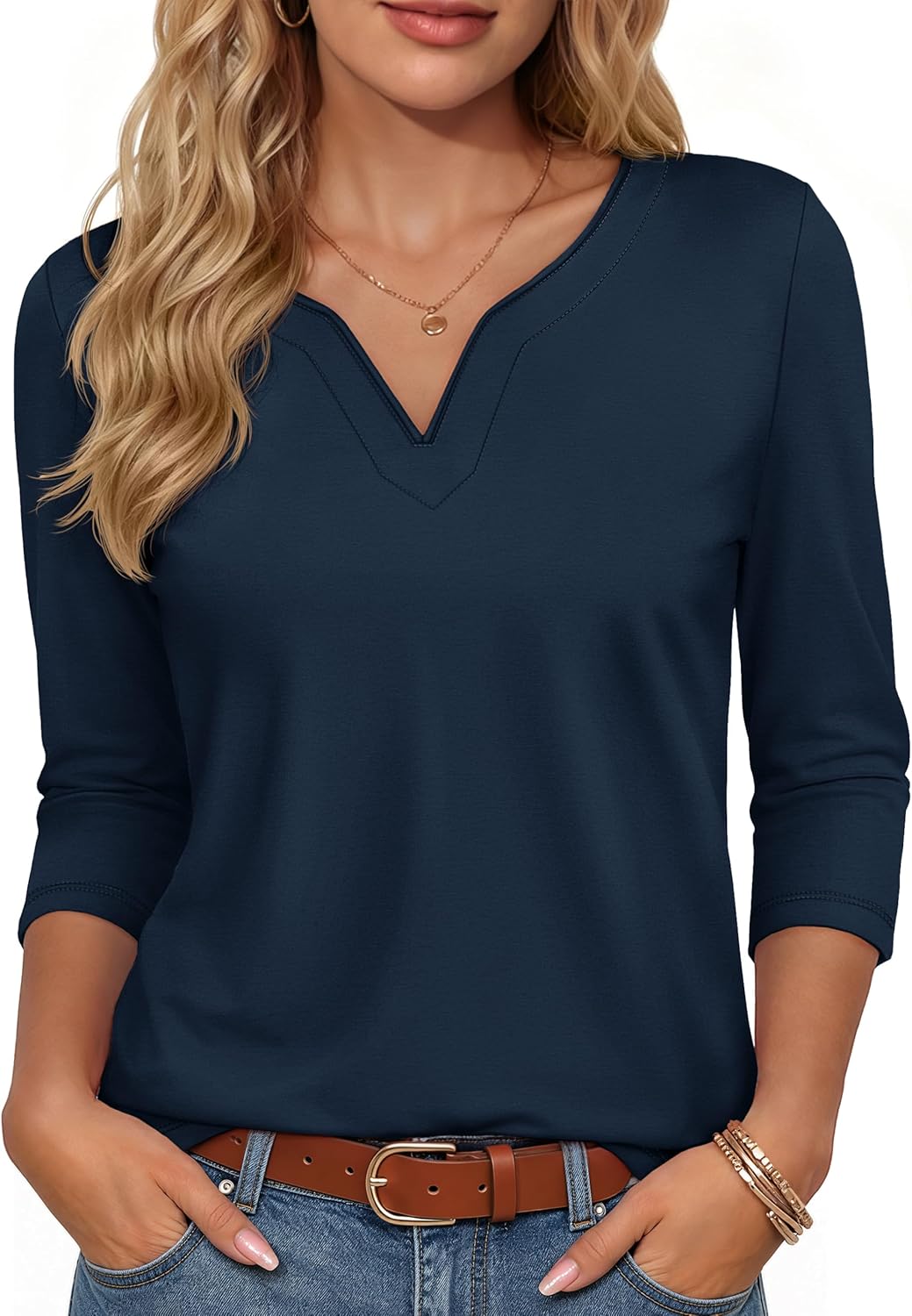 YUCOLEN Womens Tops 3/4 sleeve V Neck Half Length T Shirts f deal at Amazon