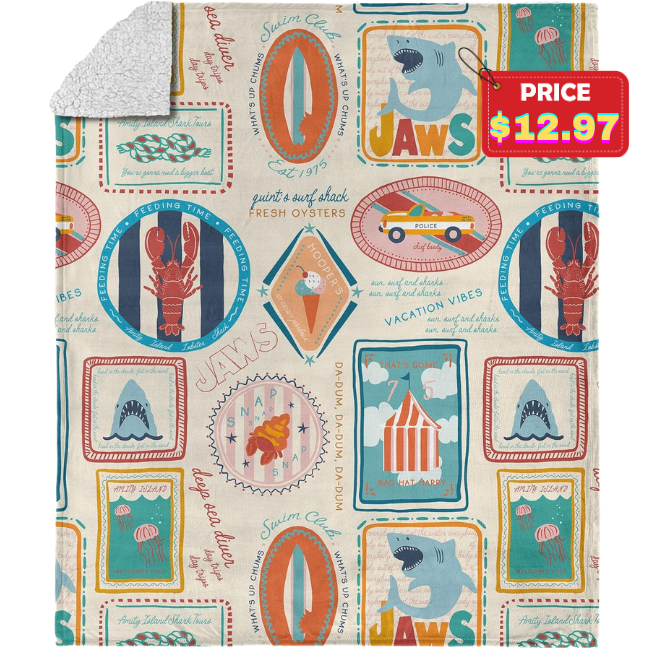 Jaws Post Stamps Sherpa Throw Blanket Deal at Amazon