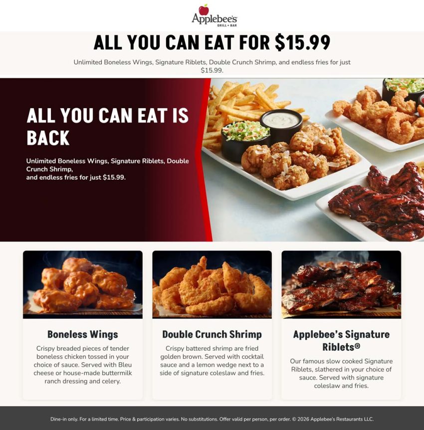 Bottomless Boneless Wings, Signature Riblets, Double Crunch deal at Applebee's