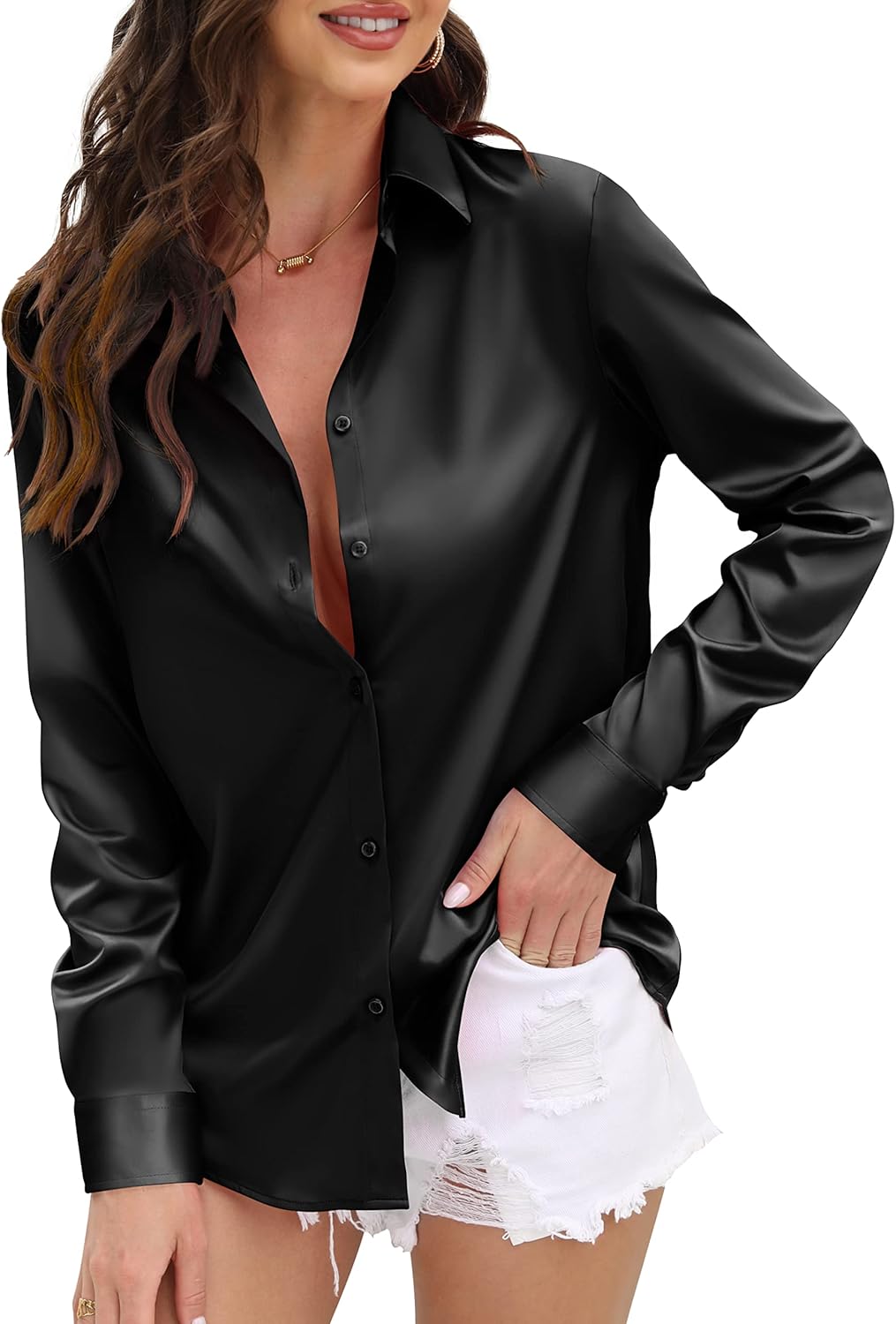 Satin Weave Button Down Shirts for Women Long Only $33.99 at Amazon