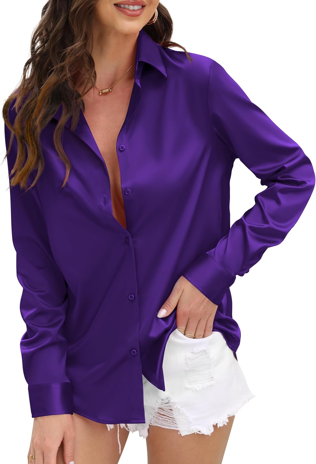 Womens Soft Satin Silk Button Down Shirts Only $33.99 at Amazon