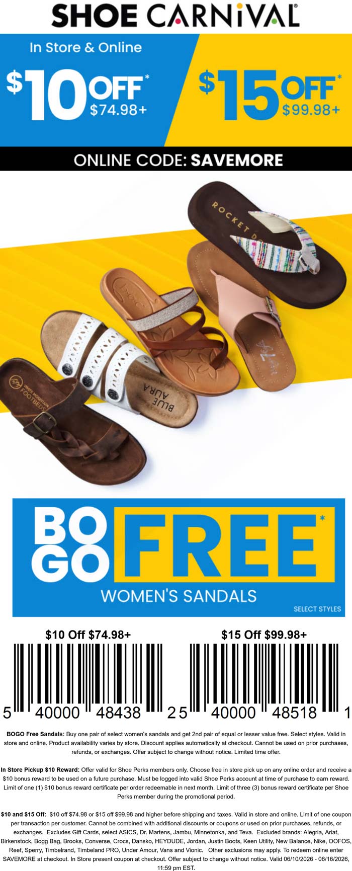 $10-$15 off $75+ at Shoe Carnival, or online via promo code SAVEMORE