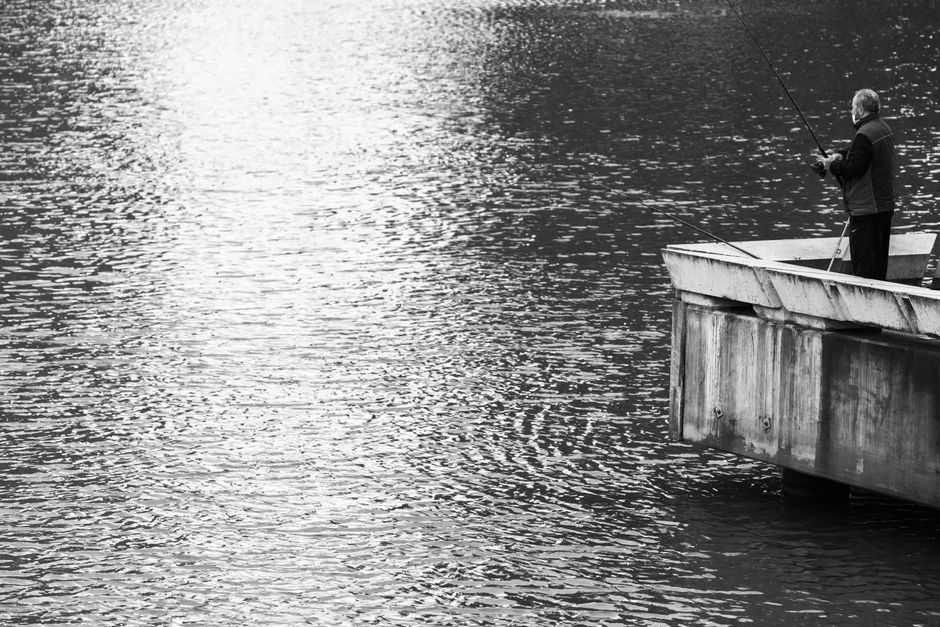 Fishing rod on a dock overlooking a calm lake