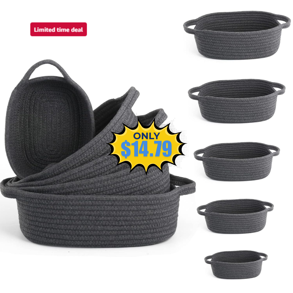VOOWO Set of 5 Rectangular Rope Baskets Deal: Save 30% at Amazon