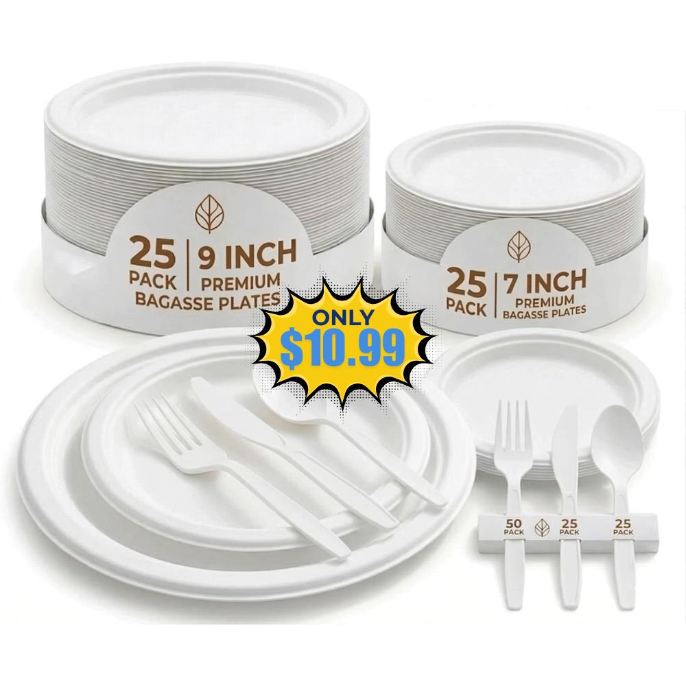 150PCS Compostable Plates Sugarcane Utensils Deal at Amazon