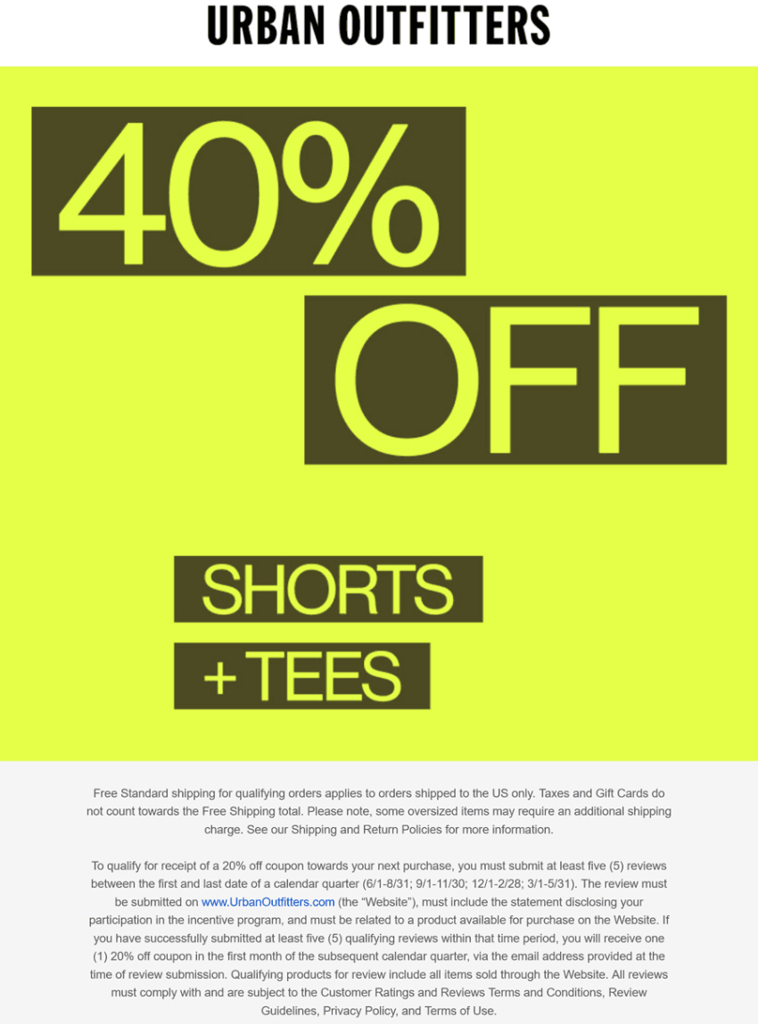 40% off shorts & tees today Deal at Urban Outfitters