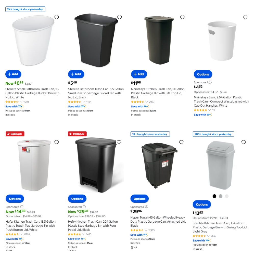 Trash Cans on Sale at Walmart: From $0.98
