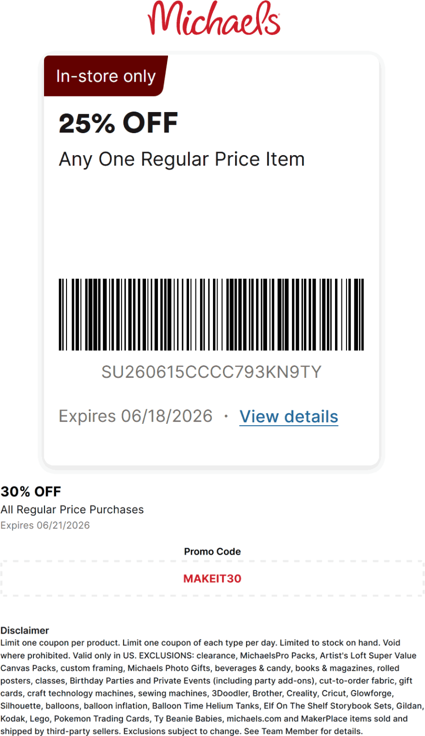 25% off a single item at Michaels, or 30% online via promo c deal at Michaels