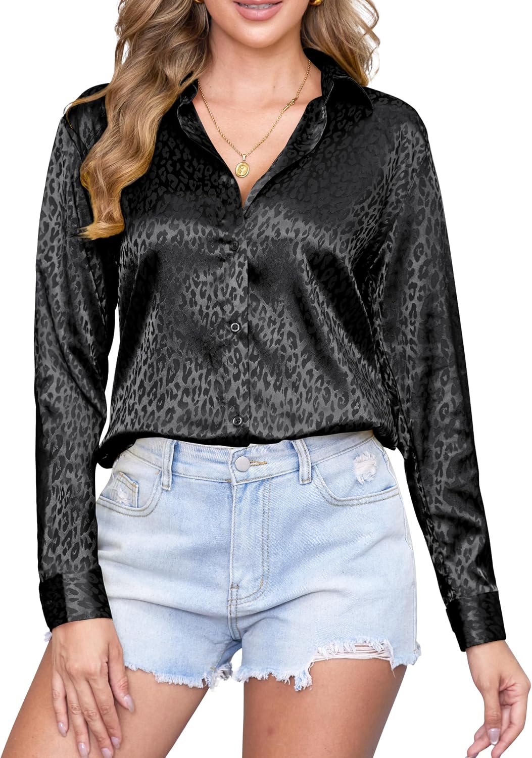 CUNLIN Black Button Down Shirt Women Leopard Only $31.99 at Amazon