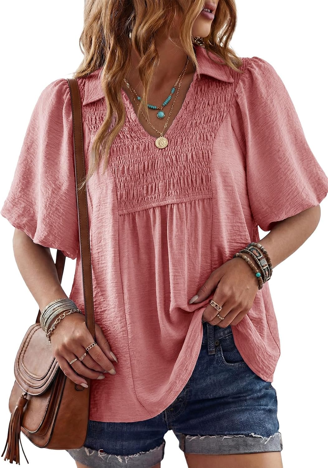 Astylish Women's Summer Puff Short Sleeve V Neck Dressy Pepl deal at Amazon