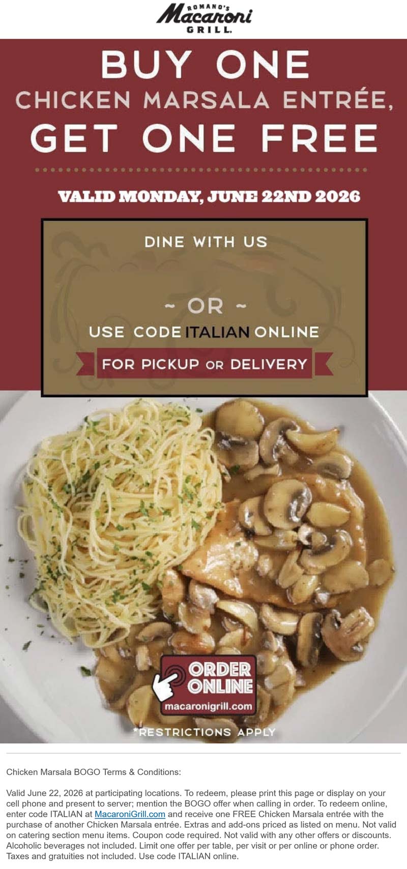 Second chicken marsala free today at Macaroni Deal at MAC Cosmetics
