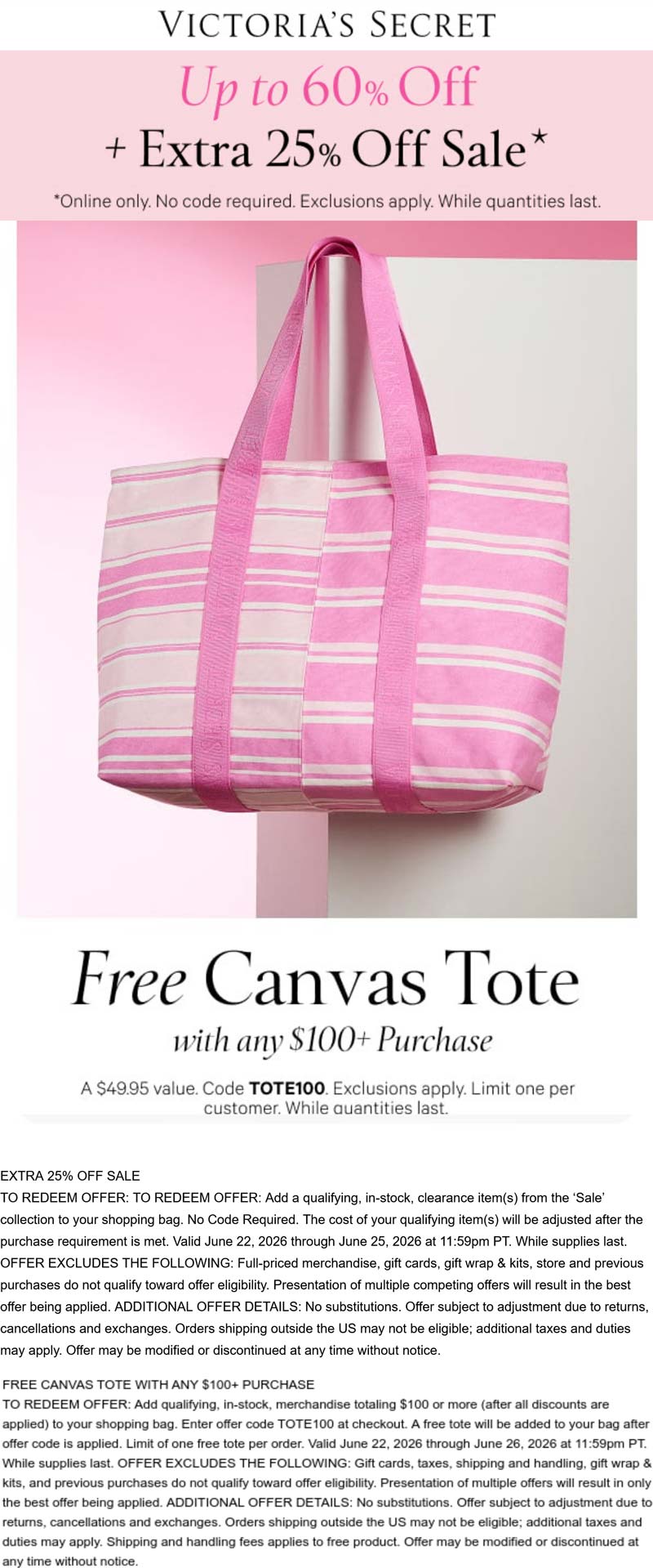 Extra 25% off sale items + free tote on deal at Victorias Secret