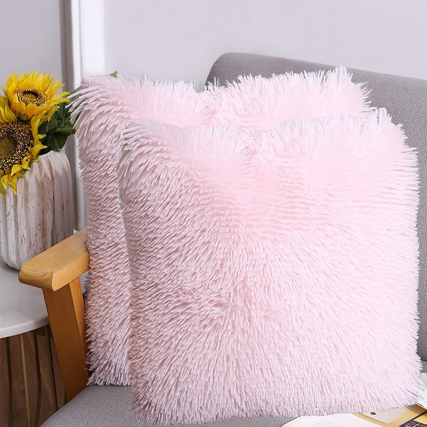 Dongchen Soft Fur Faux Fur Throw Pillow Covers Pack of 2 Pea deal at Amazon