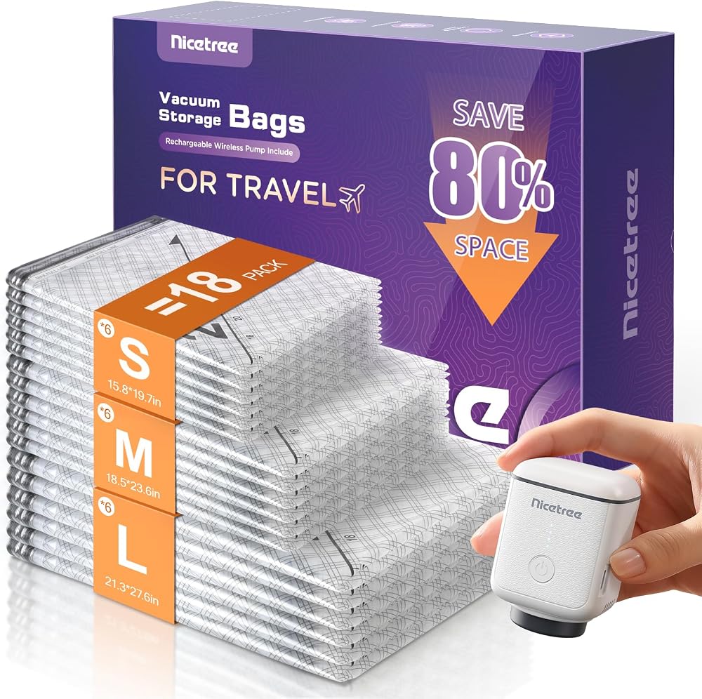 Nicetree 18-Pack Vacuum Bags for Travel with Rechargeable Pu deal at Amazon