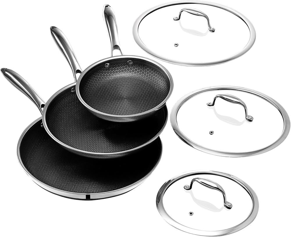 HexClad 6 Piece Hybrid Nonstick Frying Pan Set displayed on Amazon