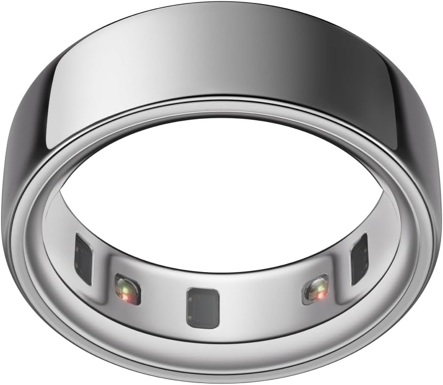 Silver Oura Ring 4 on Amazon showing size 8 and health tracking features