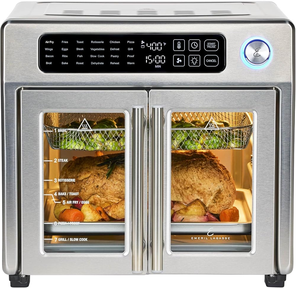 Emeril Lagasse Extra Large French Door Air Fryer Oven combo in stainless steel on Amazon