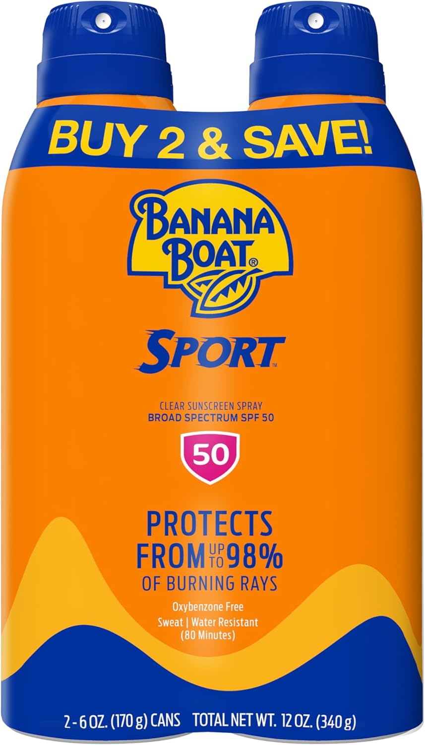 Banana Boat Sport Ultra SPF 50 Sunscreen Spray twin pack sold on Amazon