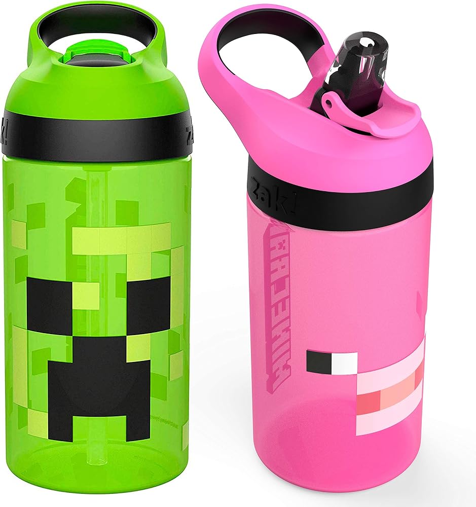 Zak Designs Minecraft kids water bottle set with straw and loop sold on Amazon