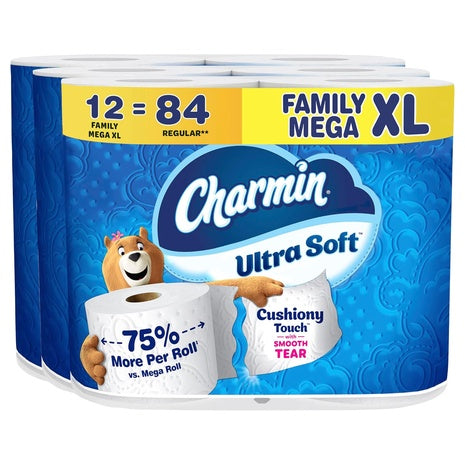 12 Family Mega XL Rolls (=84 Reg) Charmin Ultra Soft Cushiony Touch Toilet Paper
