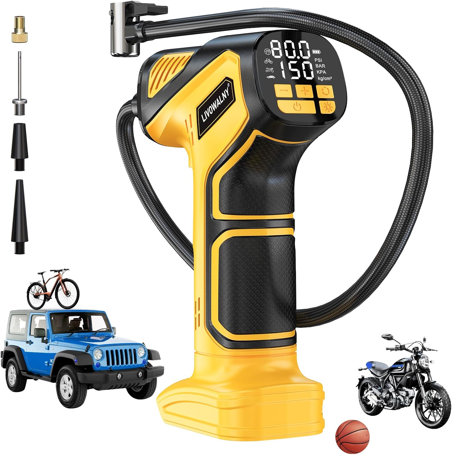 LIVOWALNY portable tire inflator compatible with Dewalt 20V battery, shown on Amazon
