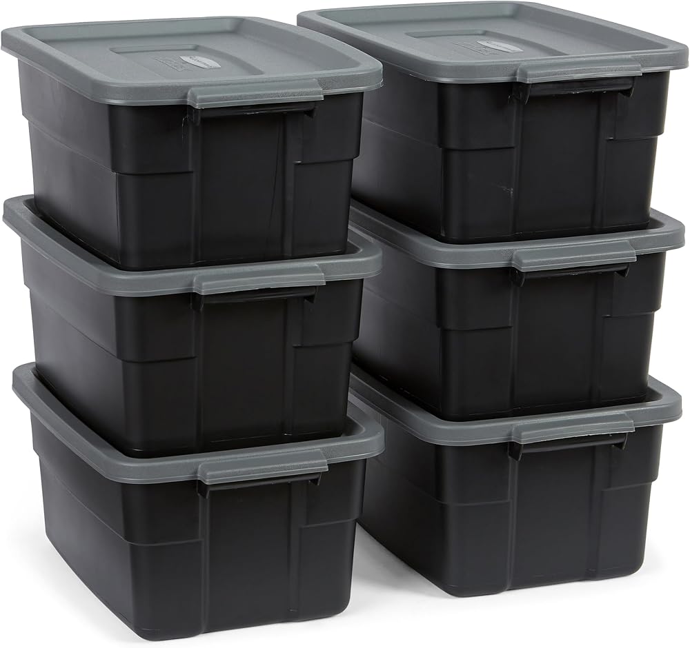 Rubbermaid 3‑gal storage totes black gray stackable plastic bins on Amazon
