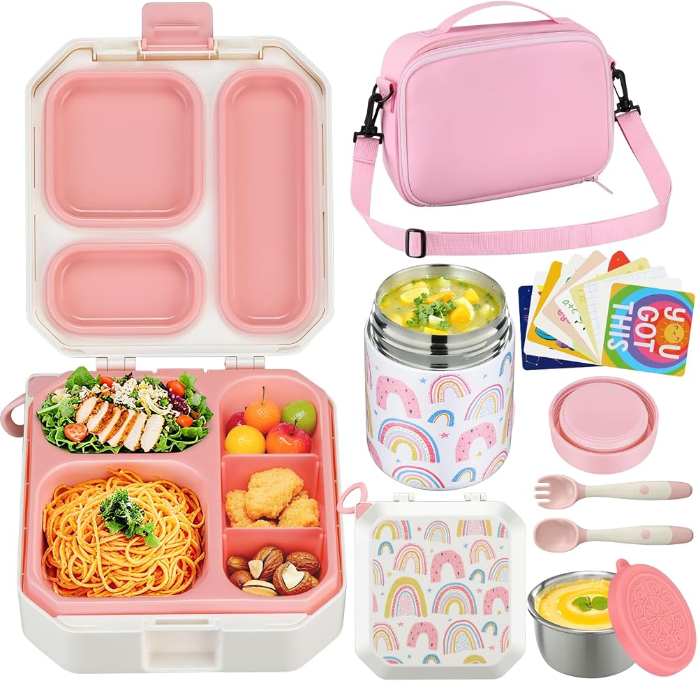 Itslife Bento Lunch Box Set with soup thermos and lunch bag, rainbow white, sold on Amazon