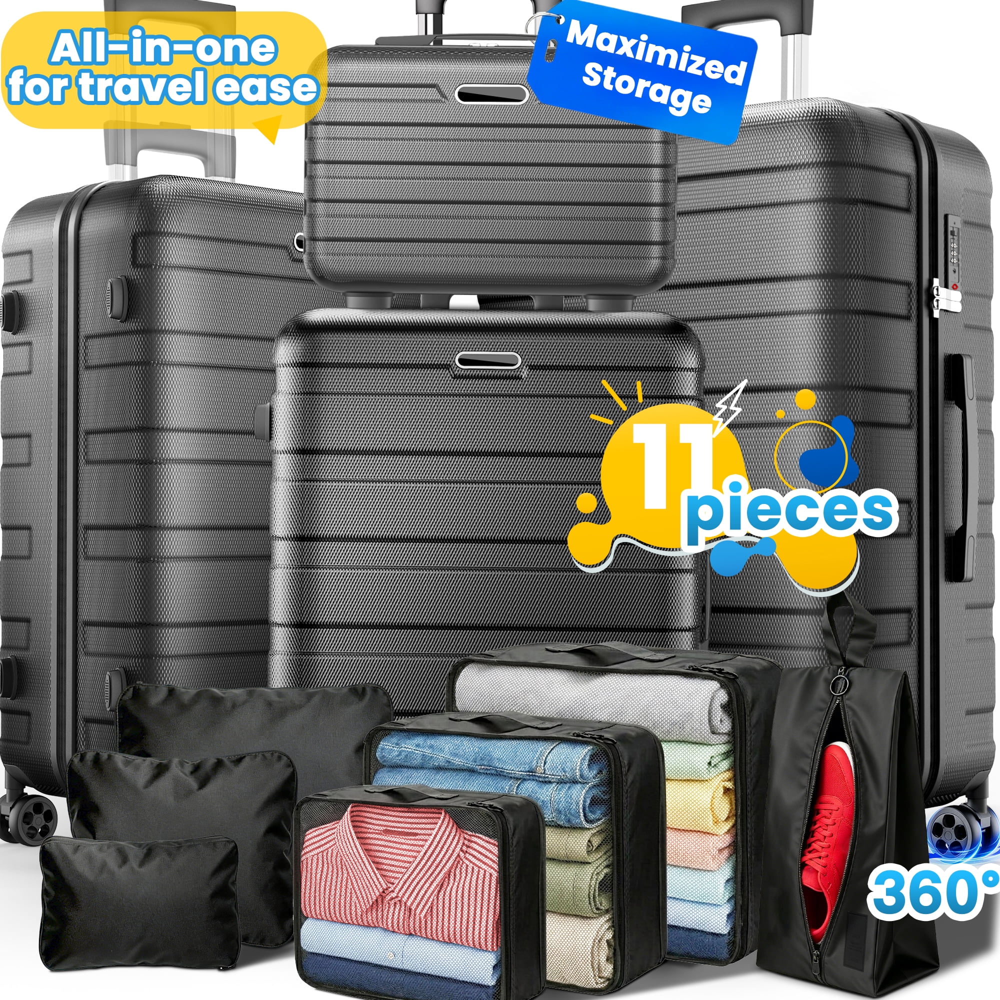 11 piece hardshell luggage set with spinner wheels, black, sold on Amazon