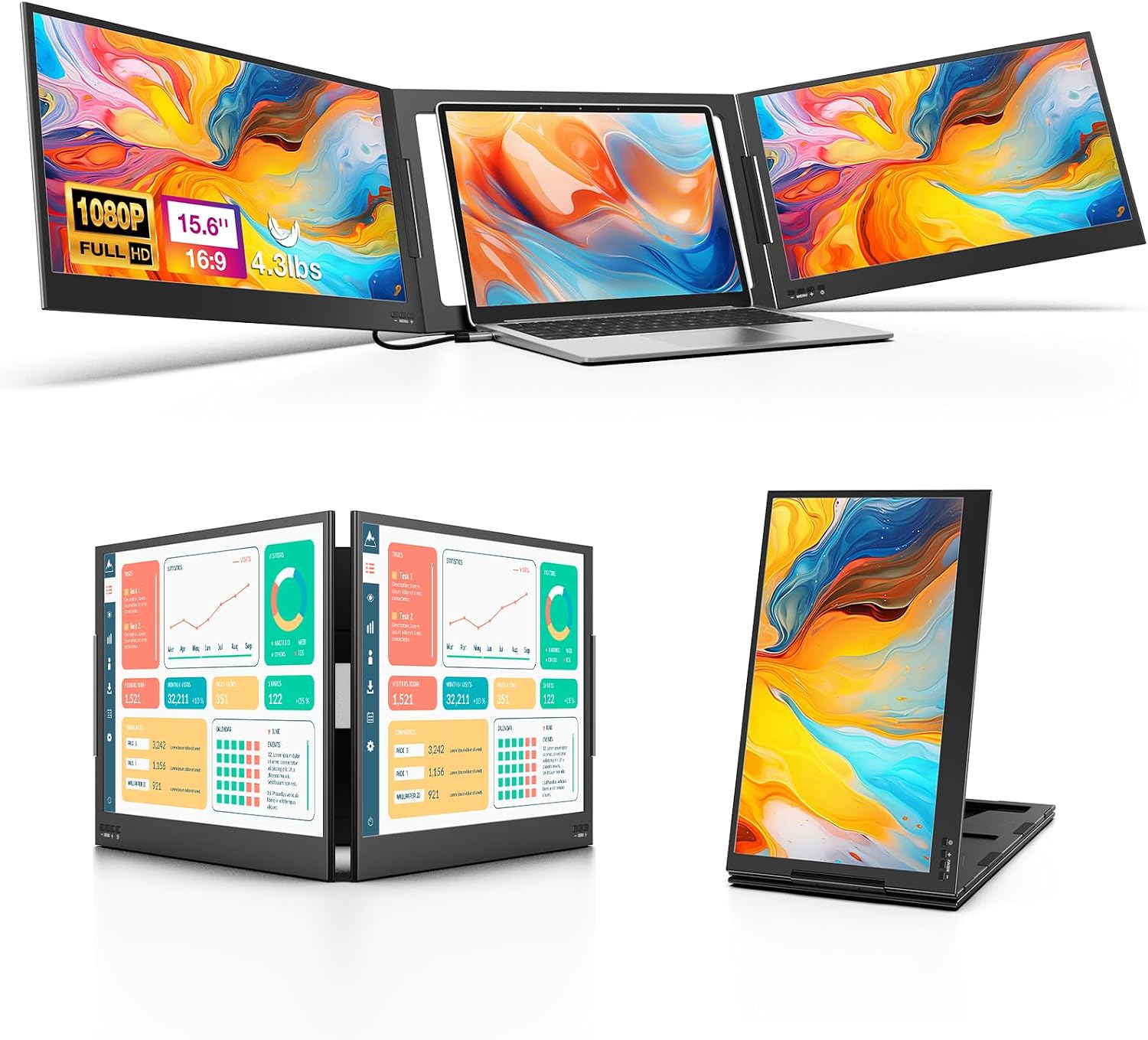 Prime QQH Triple Screen Laptop Monitor Extender displayed on Amazon with three screens attached to a