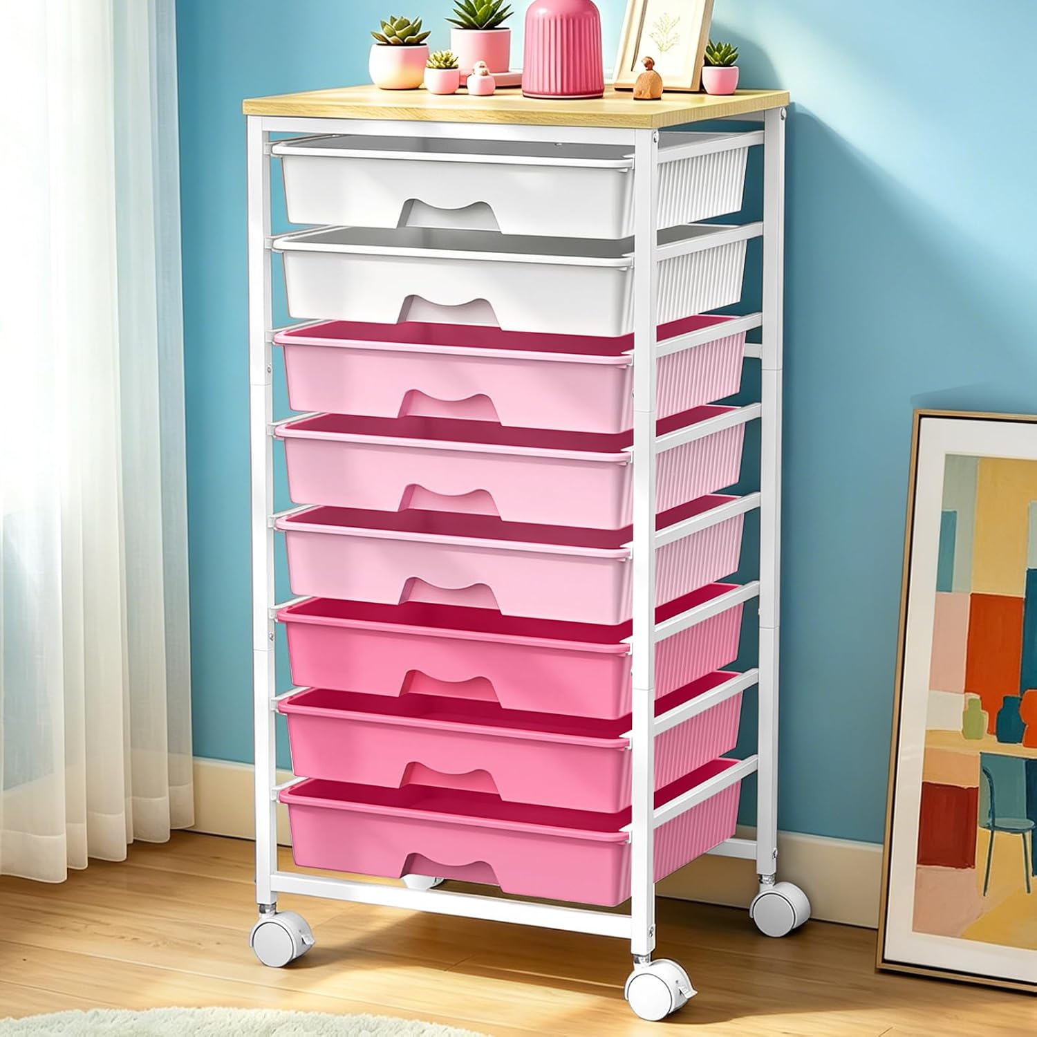 Sunally Rolling Storage Utility Cart with 8 drawers and pink tabletop on Amazon